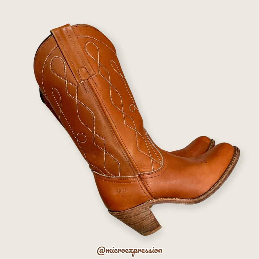1980 VINTAGE Frye Swirl Stitch Embroidered Cognac Tan Brown Leather Cowboy Boot - Picture 8 of 11